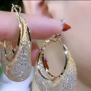 Gold Textured Hoop Earrings - Women Jewelry